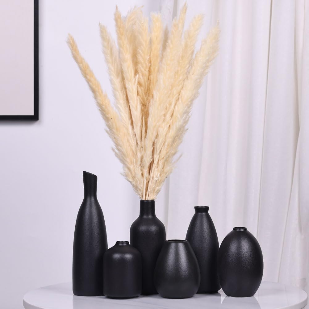 6 Pack Small Black Ceramic Bud Vases for Home Decor - Modern Boho Small Vases for Centerpieces in Bulk, Mini Flower Vases for Dry Flowers, Wedding, Table, and Party Decorations