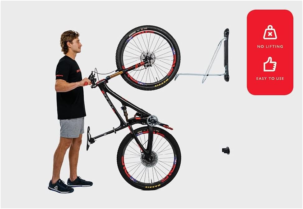 Steadyrack Bike Rack – Pivoting Mountain Bike Rack, Holds Up to 77 lbs, Fits 24"-29" Wheels, 2.1"-2.8" Tires, Foldable Wall Mount for Space-Saving Bicycle Storage