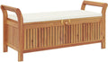 Acacia Wood Patio Storage Bench with Cushion, 49.6 Inch Outdoor Garden Storage Bench with Curved Arms, Solid Wooden Seat for Cushions Pillows Blankets Toys