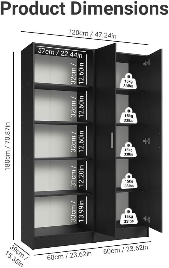 Madesa Kitchen Set 2 Pantry Storage Cabinet with 10 Utility Shelves 47" L Wooden Organization Unit for Kitchen (Black)