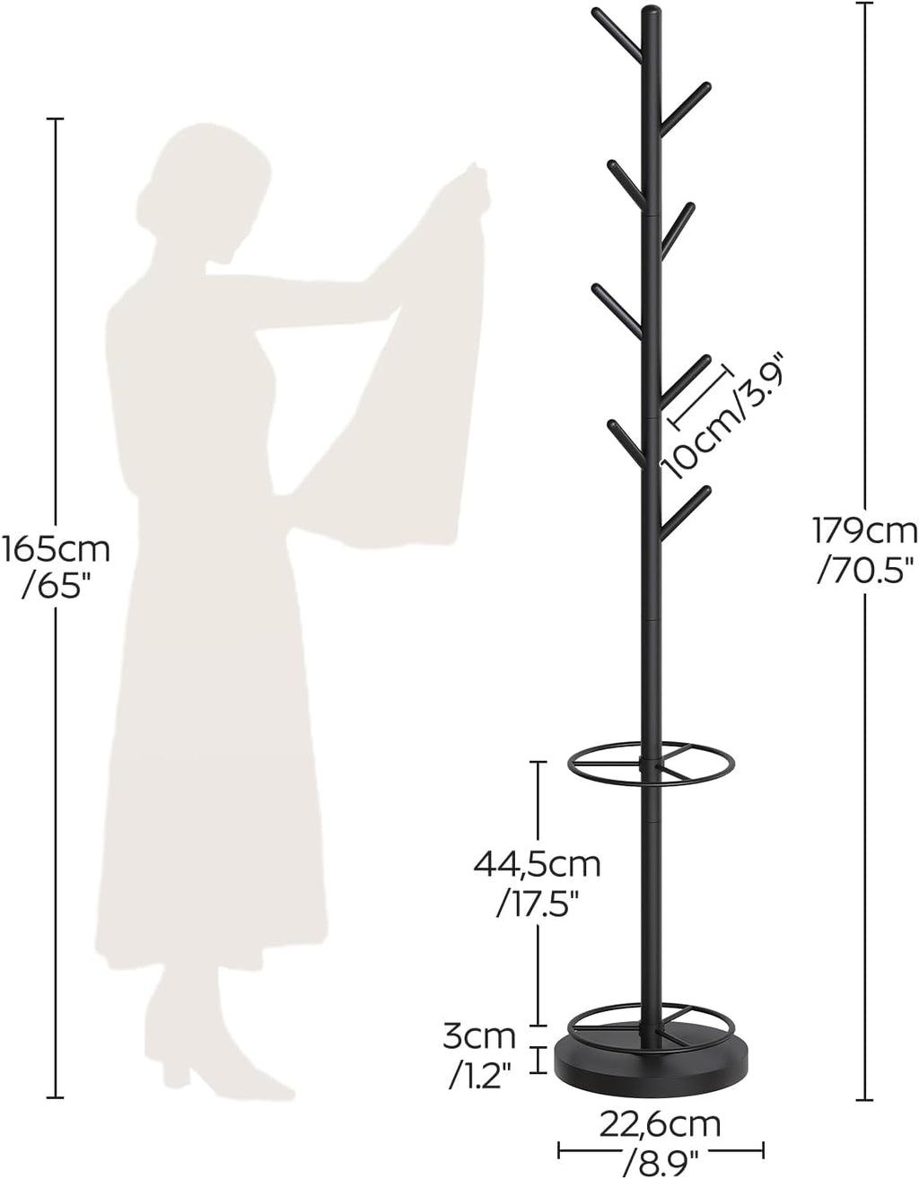 YATINEY Coat Rack Freestanding with Umbrella Holder, Coat Rack Stand with 8 Hooks, Heavy Duty Coat Tree for Entryway, Modern Clothing Rack, Metal Coat Hanger Stand for Bedroom, Office, Black YM03BB