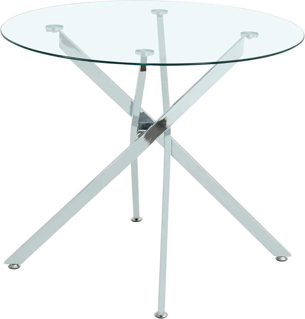 47.2“ Round Dining Table for 4, Contemporary Tempered Glass Dining Table, Small Dinner Table with Silver Metal Base, Round Clear Kitchen Table Writing Desk for Dining Kitchen