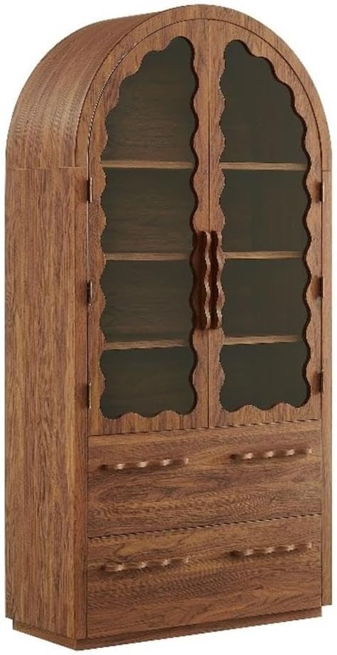 Modway Rory 76 Inch Arched Kitchen Pantry Cabinet with Glass Doors in Walnut - Vintage Retro Accent Display Stand for Dining Room, Living Room, Hallway