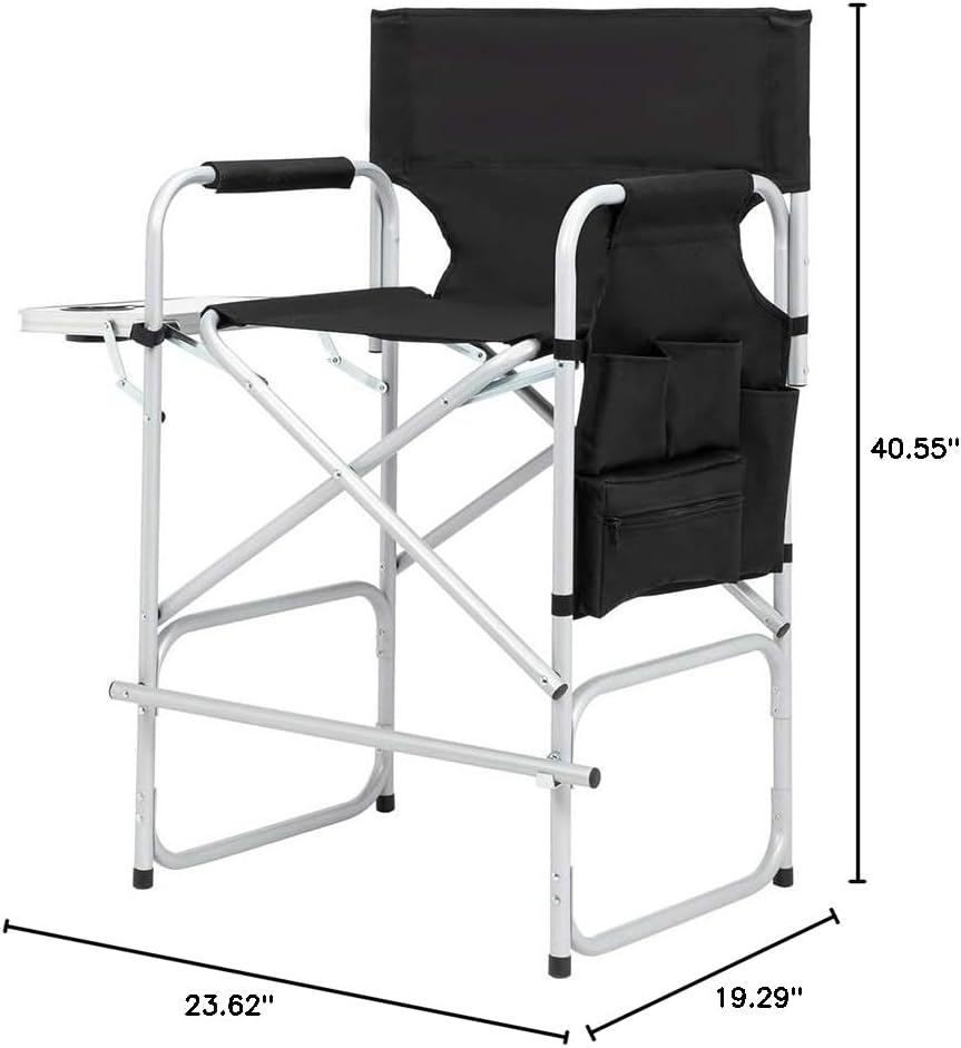 Folding Camping Tall Directors Chair with Side Table, Foldable Portable Makeup Artist Chair, Black