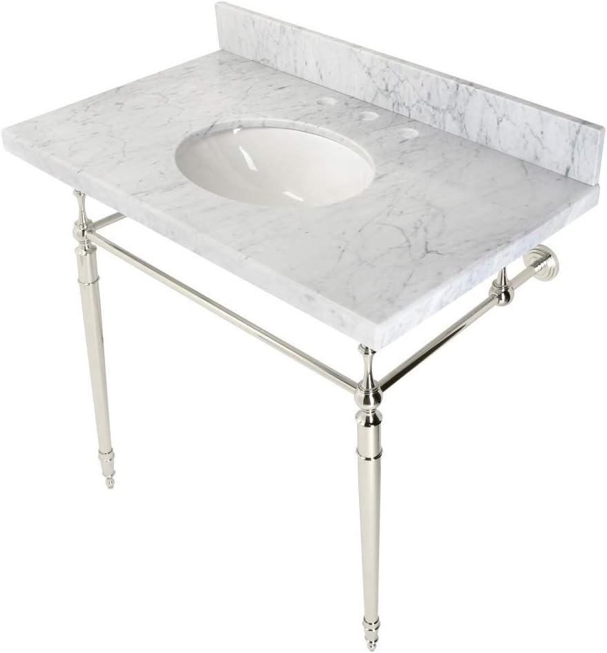 Kingston Brass KVPB3622M86 Edwardian 36" Console Sink with Brass Legs (8-Inch, 3 Hole), Marble White/Polished Nickel