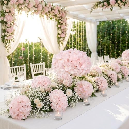24PCS Light Pink Artificial Hydrangea Flowers with Stems, Silk Faux Hydrangea Heads for Baby Girl Shower & Nursery Decor