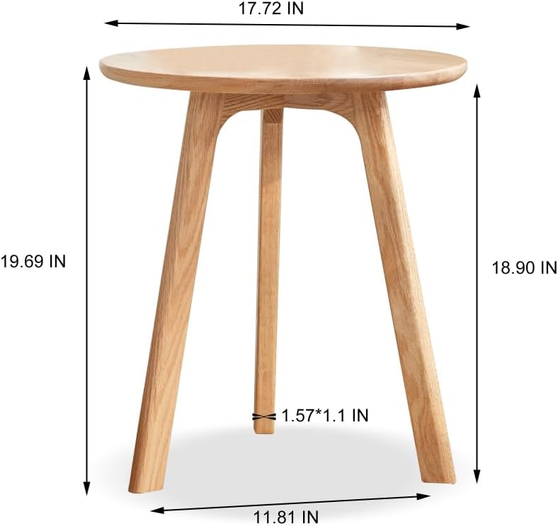Round End Table, Small Side Table for Living Room Bedroom Balcony, Natural Solid Oak Wood Nightstand with 3-Leg Design, Stable Wood for Tight Spaces, Elegant Finish (Natural)