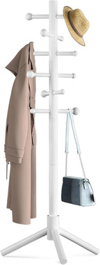 Wooden Coat Rack Freestanding with 12 Hooks 3 Adjustable Heights，Standing Coat Rack Tree for Hat and Coat Rack for Small Spaces Entryway,Office,Bedroom,White