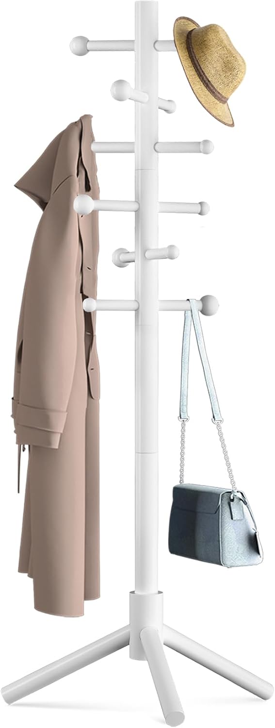 Wooden Coat Rack Freestanding with 12 Hooks 3 Adjustable Heights，Standing Coat Rack Tree for Hat and Coat Rack for Small Spaces Entryway,Office,Bedroom,White