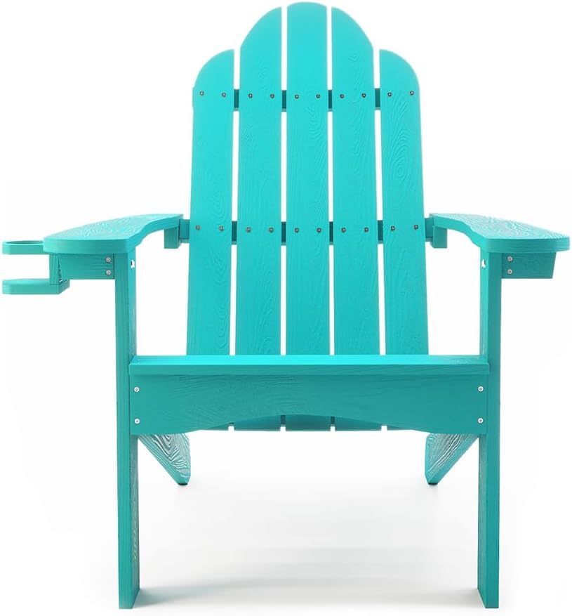 LUE BONA HDPS Adirondack Chairs, Fire Pit Outdoor Chair Weather Resistant with Cup Holder, Modern Plastic Chair Plastic for Patio, Deck, Proch, 350LBS, Aruba Blue