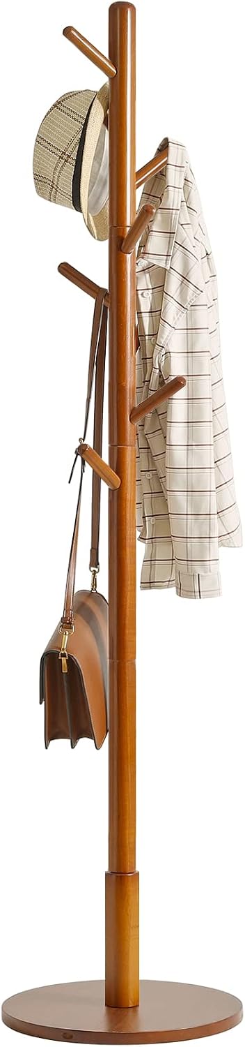 IBUYKE Wooden Coat Rack Freestanding,8 Hooks,3 Height Options,Brown WD-113 | Round Base Coat Hanger,Easy Assembly,Clothes Rack for Hallway Entryway Living Room Bedroom for Coats Hats Handbags