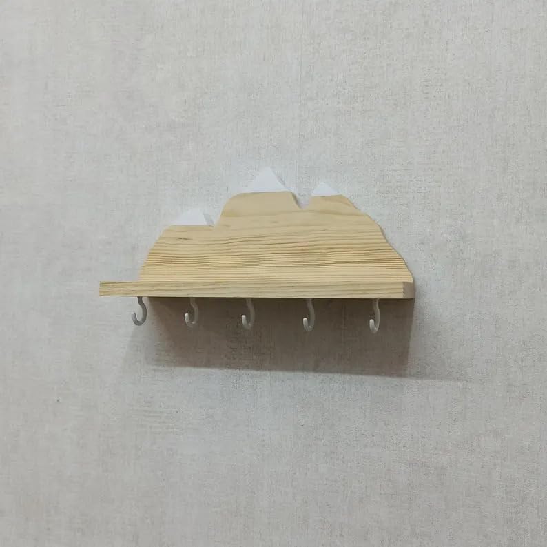 Wooden Mountain Key Holder with Shelf, Rustic Wall Mounted Key Rack, Decorative Entryway Organizer with 5 Hooks, Natural Wood Home Decor for Entryway Bedroom Kitchen
