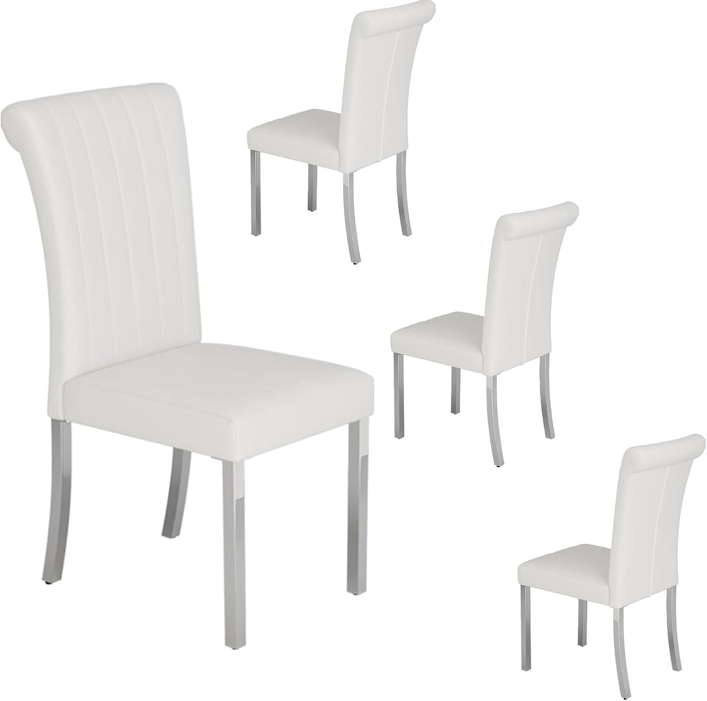ACEDÉCOR Dining Chairs, White Leather Dining Chairs Set of 4, Upholstered Kitchen Room Chairs with Silver Stainless Steel Legs