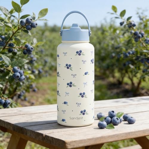 Blueberry Water Bottle Stainless Steel 32oz with Lid & Straw, Fruits Aesthetic Insulated Bottles Gifts for Girls Friends Teens Birthday Christmas