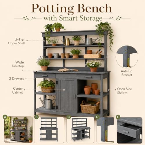 Outdoor Potting Bench with Open Shelves and Cabinet, 66 in | Fir wood, countertop, open shelves, enclosed cabinet, anti-fall device, garden workstation, 50.2 W x 19.7 D x 66 H in
