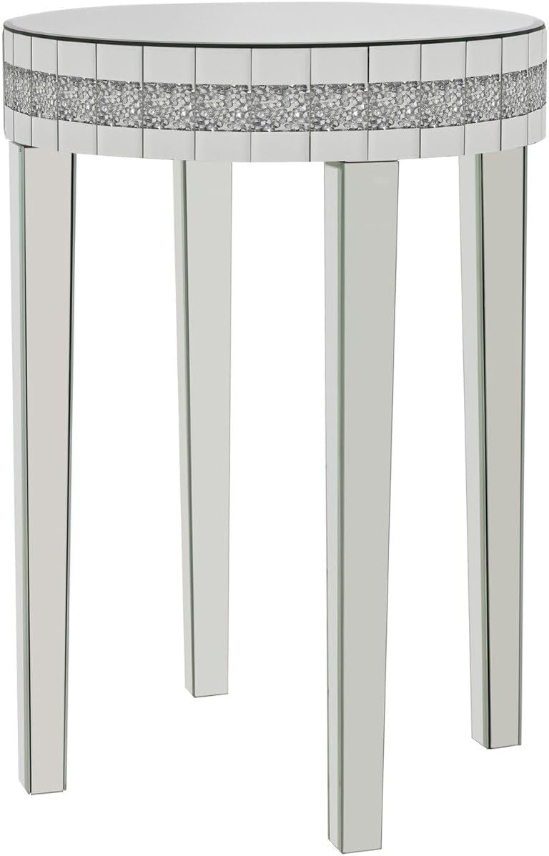 Round Mirror Accent Table with Crushed Diamond Edge Frame, 19.7" Mirrored End Table with Crystal Legs for Living Room Entryway, Small Space Side Table