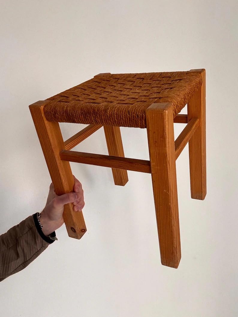 Pine Wood Woven Rope Stool, Mid-Century Modern Footrest, Rustic Square Seat for Living Room Bedroom