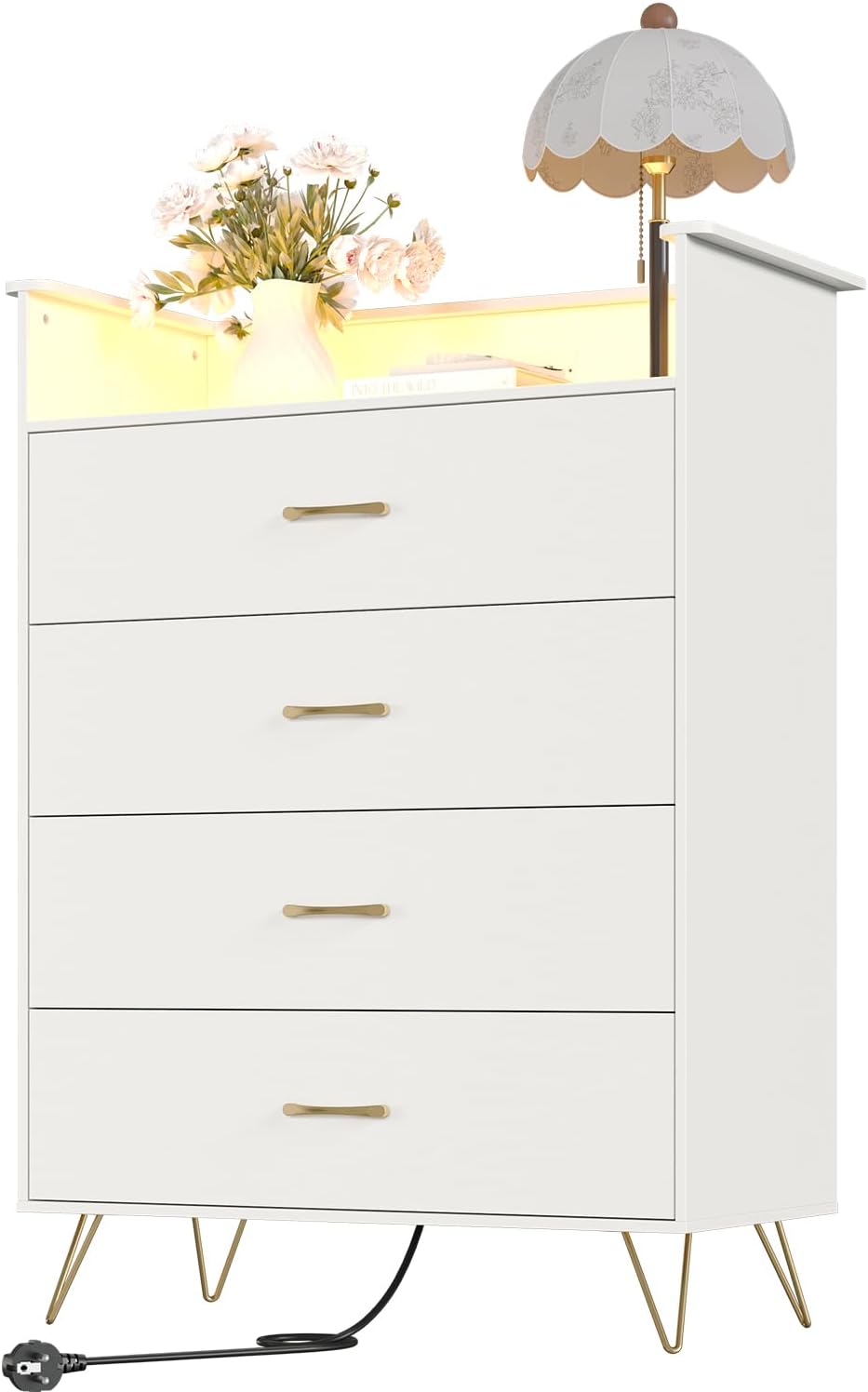 Jojoka 4 Drawer Dresser with RGB LED Light & Charging Station - Modern Chest of Drawers with App Control - Tall Wooden Dressers Chest, Closet for Bedroom, Living Room, Entryway, Hallway – White