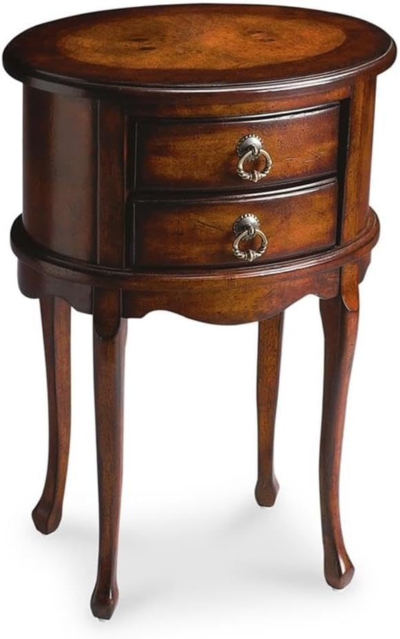 Beaumont Lane Oval Side Table, 18"W x 13"D x 26"H, Rubberwood Solids and Veneers, Cherry Finish, 2-Drawer Traditional Design, Antique Brass Knobs, Tapered Legs, Elegant Accent Table for Living Room