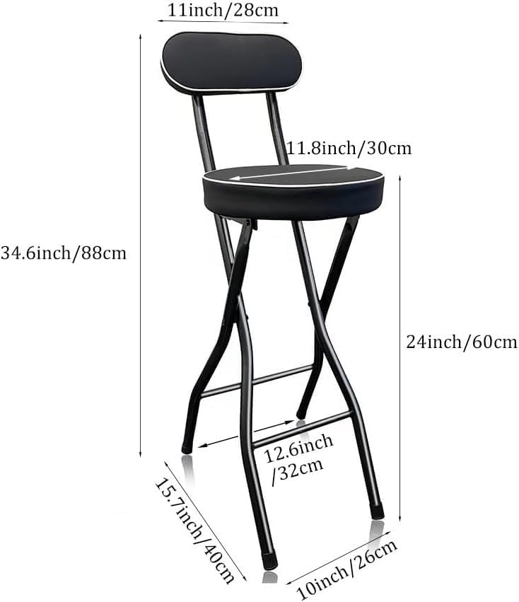 Portable Folding Bar Stool with Padded Seat Counter Height Foldable Chair for Kitchen Garden Office Adjustable(Black,24inch/60cm)