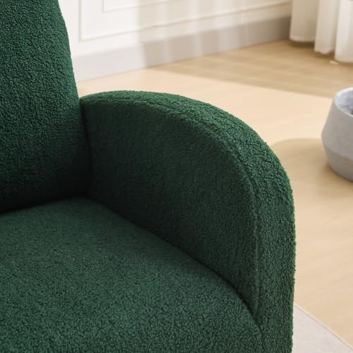 Green Sherpa Nursery Rocking Chair, Upholstered Glider with High Back & Side Pocket, Comfy Accent Armchair for Living Room Bedroom Reading Nook, Rubber Wood Legs