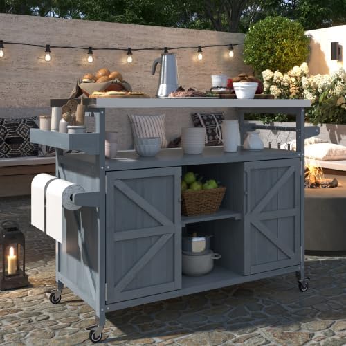 Outdoor Grill Cart with Storage, Rolling Bar Cart and Lockable Wheels, Farmhouse Solid Wood Outdoor Grill Table with Stainless Steel Top, Spice Rack, Towel Rack for Kitchen and BBQ, Grey Blue