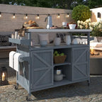 Outdoor Grill Cart with Storage, Rolling Bar Cart and Lockable Wheels, Farmhouse Solid Wood Outdoor Grill Table with Stainless Steel Top, Spice Rack, Towel Rack for Kitchen and BBQ, Grey Blue