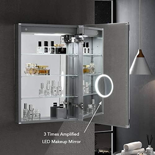 Blossom LED Medicine Cabinet with Mirror, 24x32 in, Lighted Bathroom Mirror Medicine Cabinet, Defogger, Recessed/Surface 3X Makeup Mirror, Adjustable Brightness, Outlets & USB, A2(M)-24-Right Hinge