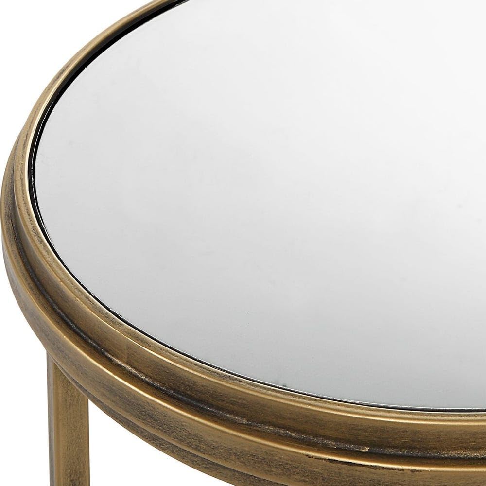 Set of 2 Antique Brushed Gold Iron Nesting Tables with Mirrored Glass Tops Modern Round Accent End Tables Luxury Living Room & Bedroom Side Tables, Space-Saving Nested Design