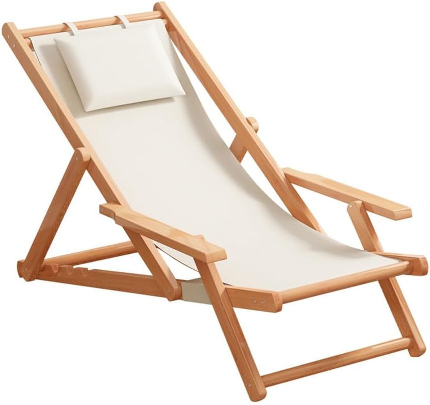 Wood Portable Reclining Beach Chair, 4 Level Height Adjustable Reclining Chairs with Wood Frames and Cushioned Headrest, for Indoor Outdoor Garden, Backyard, Poolside