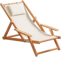 Wood Portable Reclining Beach Chair, 4 Level Height Adjustable Reclining Chairs with Wood Frames and Cushioned Headrest, for Indoor Outdoor Garden, Backyard, Poolside