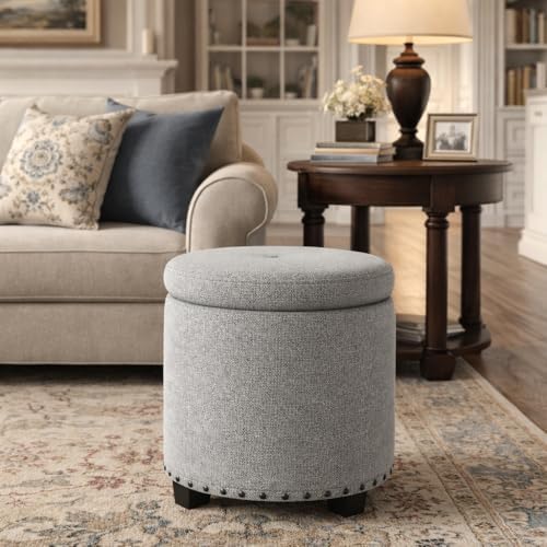 HomePop 18.5" Round Storage Ottoman with Nailheads - Heathered Gray