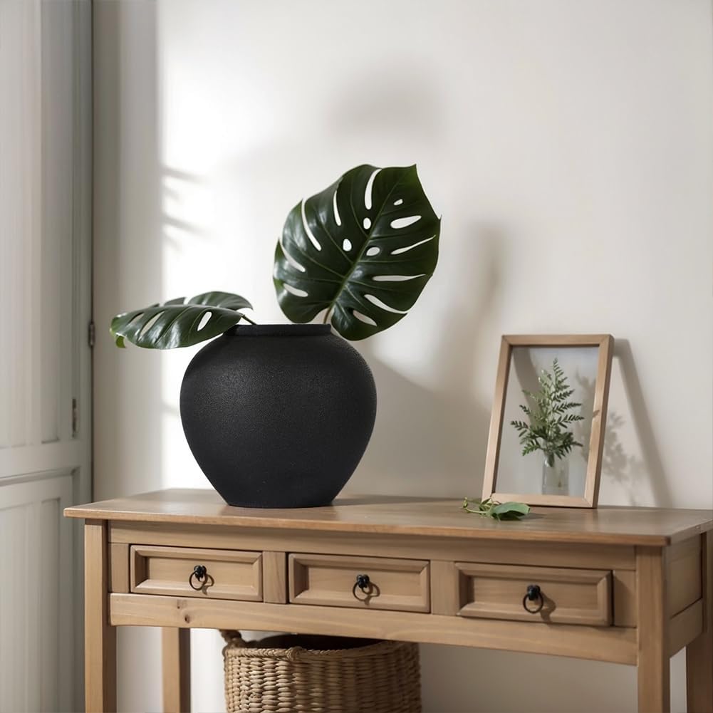 8.3″ Matte Textured Black Ceramic Vase – Modern Rustic Decorative Vase for Pampas Grass, Flowers & Greenery – Small Round Table Centerpiece for Living Room, Entryway, Shelf Decor