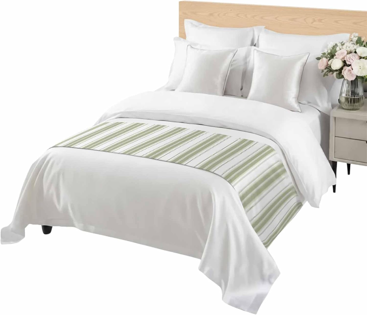 Sage Green Striped Bed Runner Scarf King Size, Modern Thin Line Vertical Stripes Luxury Bed Throw Runners & Scarves for Twin Full Queen King Foot of Beds, Bedroom Hotel Decoration, 94"x20"