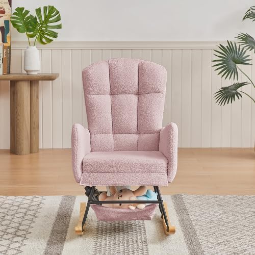 Pink Teddy Rocking Chair for Nursery, Upholstered Glider Rocker with High Backrest, Comfy Accent Armchair for Living Room Bedroom, Metal Frame & Solid Wood Legs