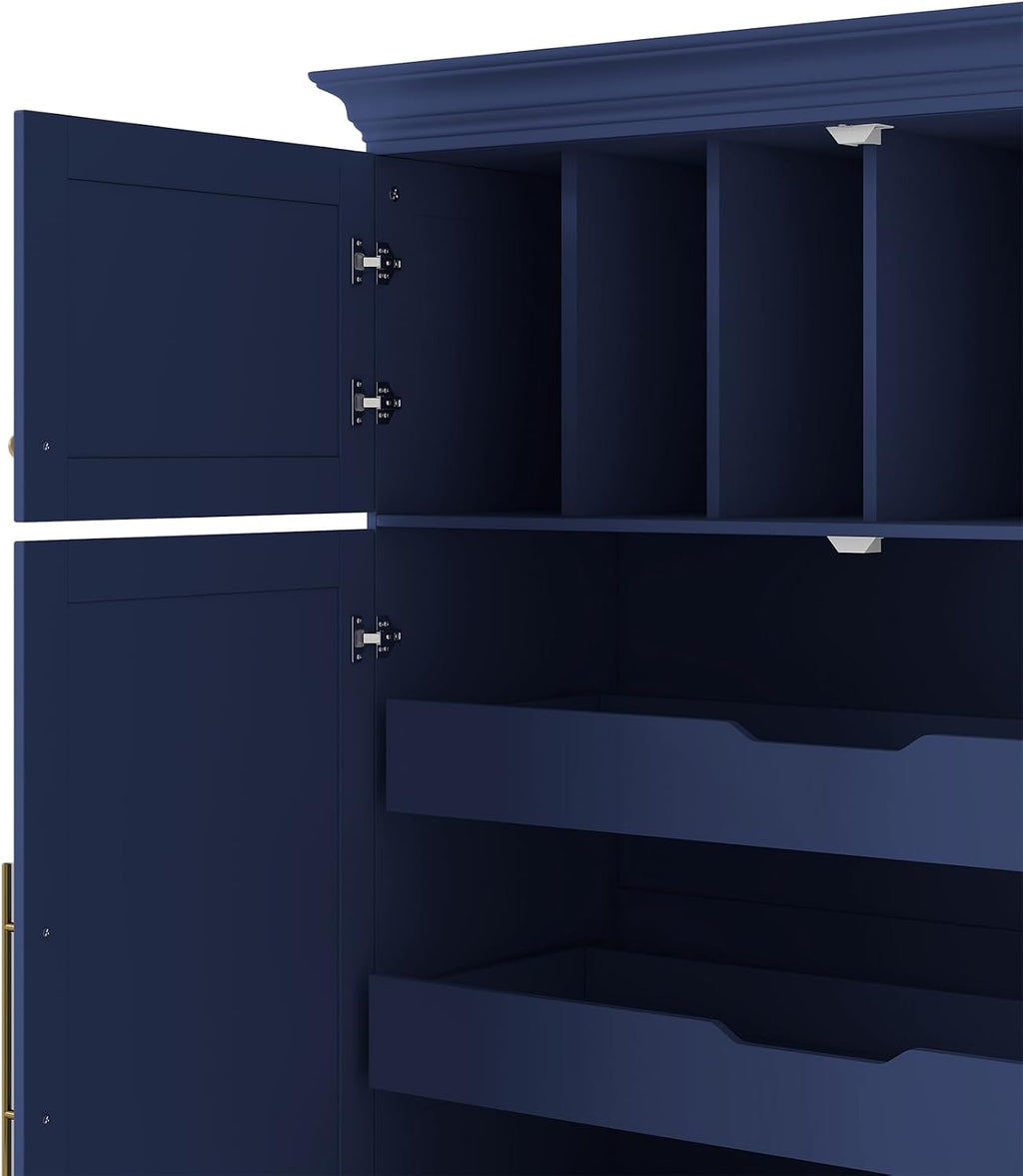 LUMISOL 72" Tall Farmhouse Kitchen Pantry with 4 Doors,Dining Storage Cabinet with Pull-Out Trays, Freestanding Storage Cabinets with Drawers and Cake Pan Storage Organizer, Blue