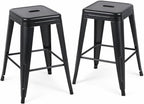 Midnight Black Metal Bar Stools Set of 2, 24 Inch One-Piece Cold-Rolled Steel Counter Stools, Small Space Industrial Barstools, Easy Assembly Kitchen Island Chairs for Apartment & Cafe