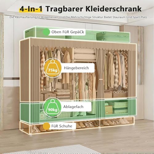 Canvas Wardrobe Multifunctional Wardrobes for Bedroom Portable Wardrobe Shelves Wardrobe Storage Organiser Fabric Wardrobes with Hanging Rails Fabric Closet Folding Wardrobe
