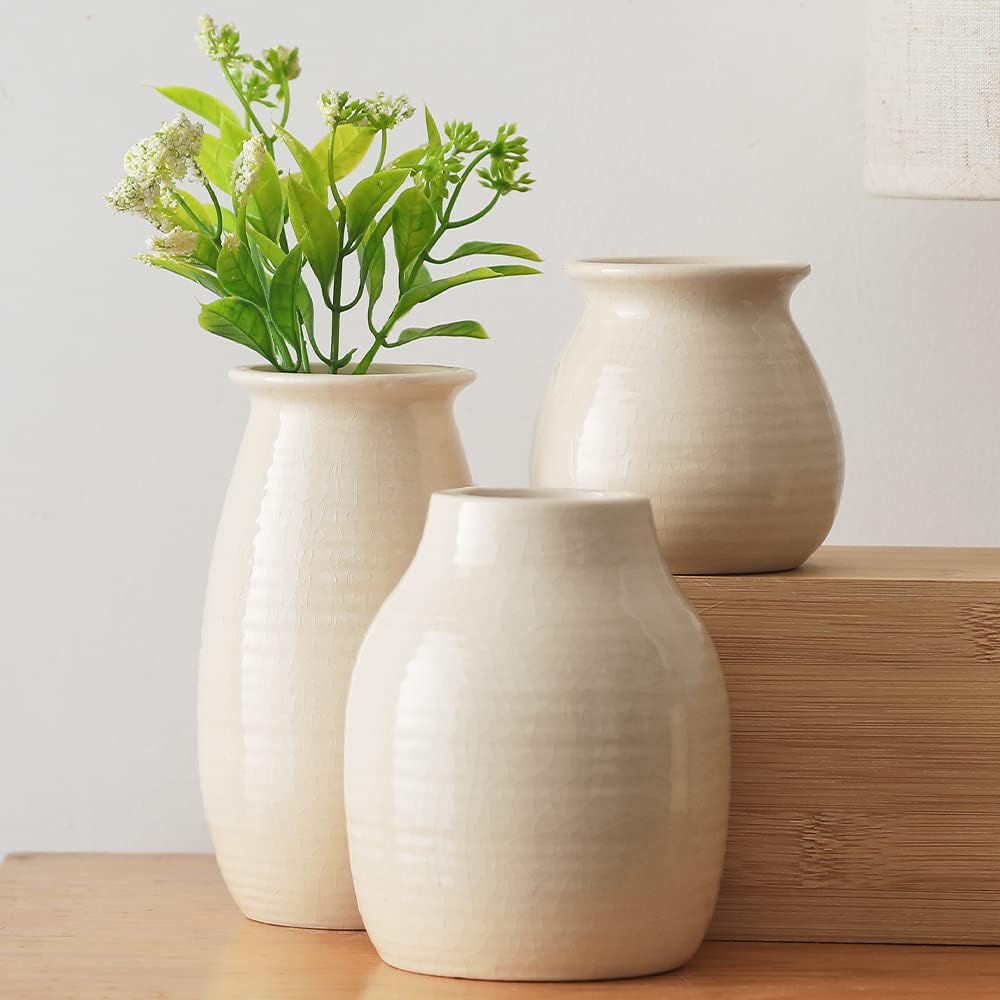 White Vases for Rustic Home Decor - Modern Farmhouse Ceramic Vase Set for Fireplace, Flowers, Living Room - Farmhouse Decorations for The Home, Set of 3