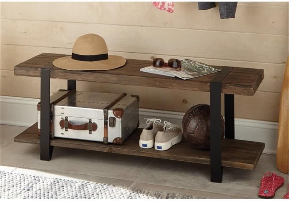 Modesto 48-Inch Solid Wood Entryway Bench with Storage Shelf – Rustic Natural Finish with Black Metal Legs and Strap Accent – Farmhouse Accent Bench for Entryway or Dining Room by Alaterre Furniture