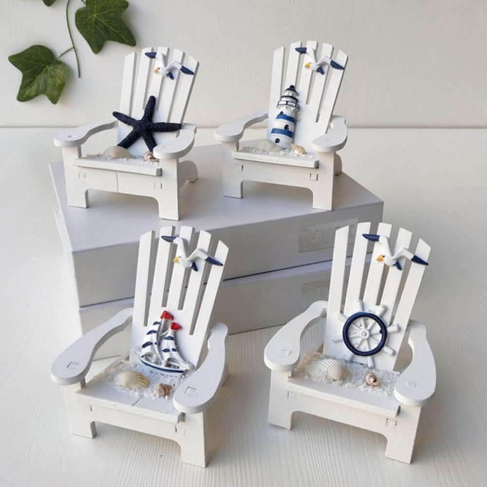 4 Pieces Wooden Adirondack Miniature Chair Ornaments with Nautical Life Ring for Coastal, Ocean, Beach Office Home Decoration Favor
