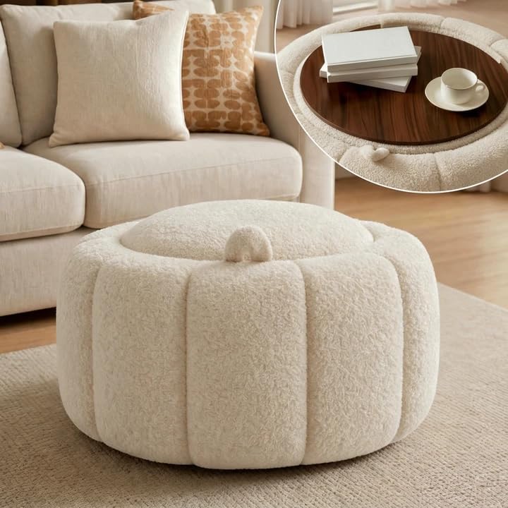 Tbfit Round Storage Ottoman - No Assembly Required, Storage & Sturdy Structure Multi-Functional Seat/Footrest for Living Room, Bedroom & Kids Room Soft Fabric for Family Home Use, White
