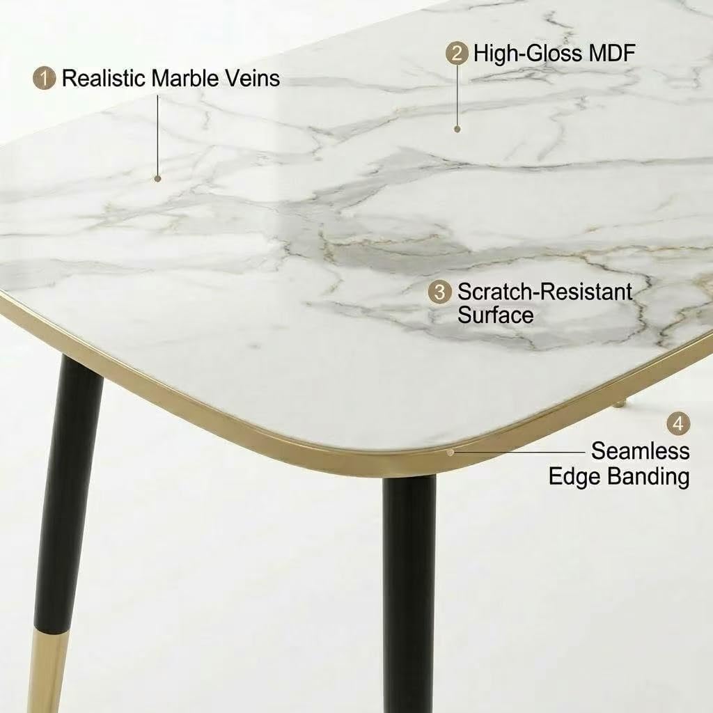 HIPIHOM 47.2''Dining Table Set for 4, Modern Rectangular Dining Table with White Marble Texture MDF Top, Nordic Style Kitchen Table for 4-6 Persons, Space-Saving Home Office Desk