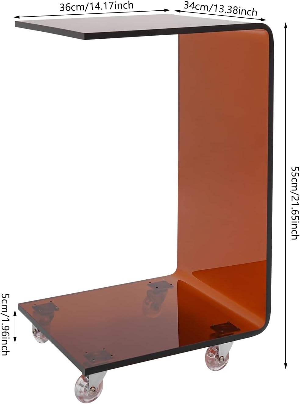 Acrylic Sofa Side Table, C-Shaped Side Table with Double-Tier Storage, Mobile C Shaped End Table Snack Table On Wheels, Bedside Couch Rolling Table For Living Room Bedroom Office (Clear Tawny)