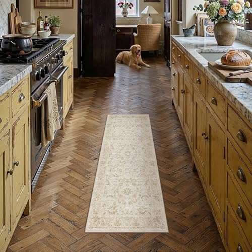 2x6 Washable Runner Rug for Hallway Kitchen Beige Low Pile Non Slip Runner Neutral Distressed Carpet Bathroom Front Door Beside Bed Home Decor