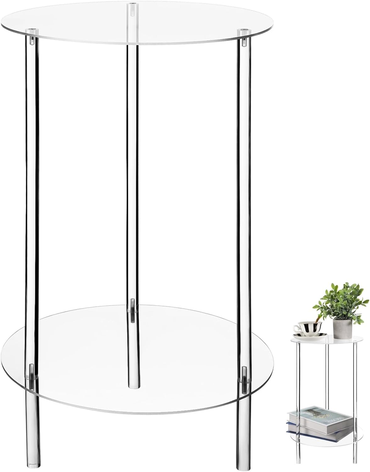 Acrylic Detachable End Table, 2-Tier Clear Round Acrylic Coffee Table, 11.8 x 19.6 Modern Small Side Desk, Detachable Beside Desk for Living Room, Bedroom