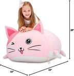 Anzitinlan Cute Cat Bean Bag Chair for Kids, Pink Stuffed Animal Storage Beanbag Chairs for Girls Room Decor, Extra Large Size, Velvet Super Soft Cover Only