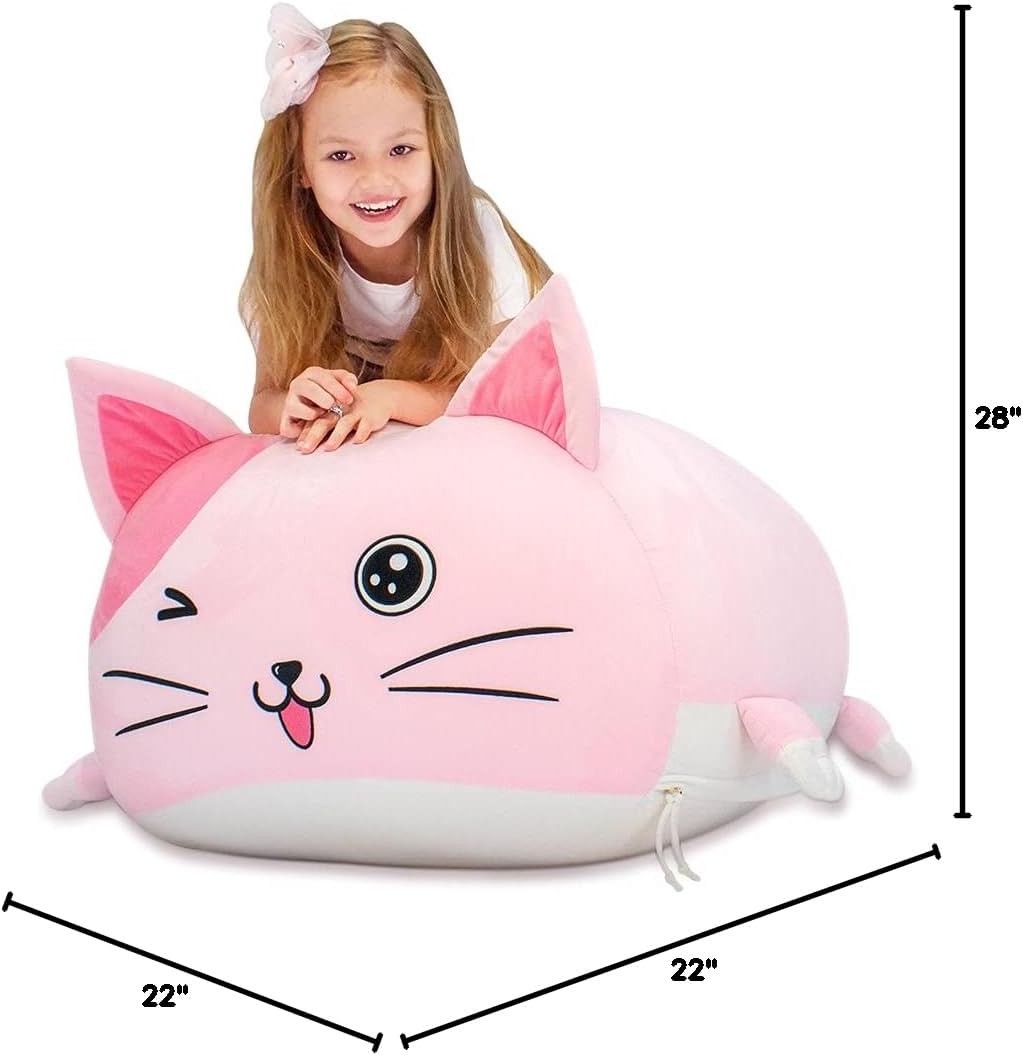 Anzitinlan Cute Cat Bean Bag Chair for Kids, Pink Stuffed Animal Storage Beanbag Chairs for Girls Room Decor, Extra Large Size, Velvet Super Soft Cover Only
