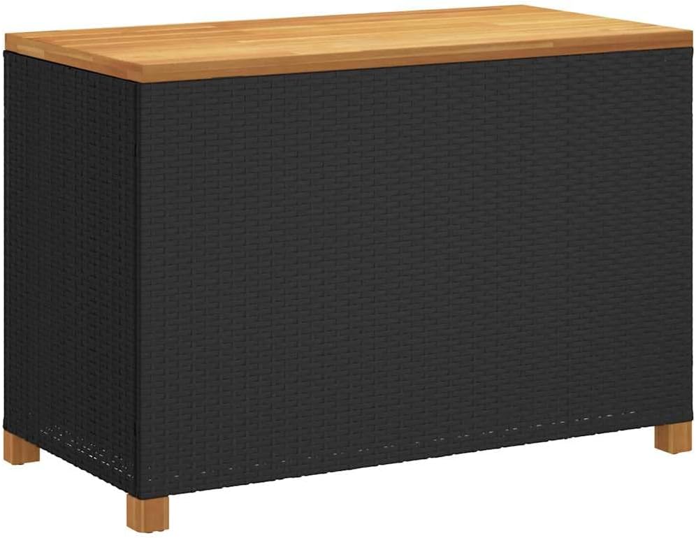 Poly Rattan Storage Box with Acacia Wood Top, Patio Storage Box Black 43.3"x21.7"x24.8", Garden Bench Seat with Waterproof Bag