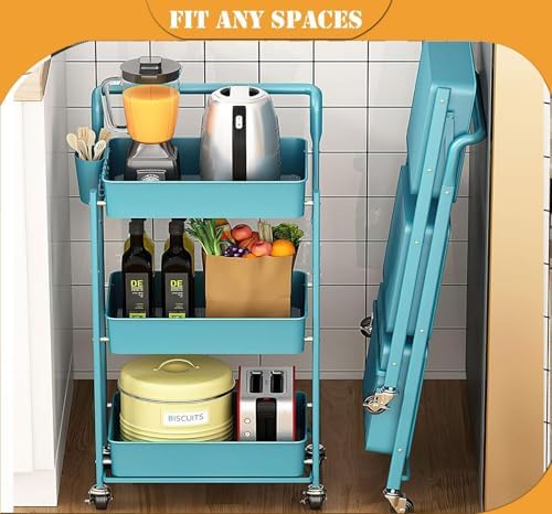 BEEY Foldable Metal Storage Cart Rolling Baskets with Wheels, No Assembly, Metal Wire Market Basket Storage Organizer Stackable Storage Bins for Kitchen,Pantry,Bedroom (Blue, 3 Tier-3665)